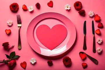 Pink rose petals and heart shaped paper in plate on romantic dinner on valentine.