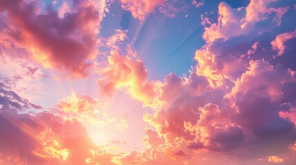 A stunning view of a sunset sky with vibrant clouds glowing in shades of pink, orange, and gold, lit by the setting sun