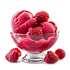 Poster - Close-up of a raspberry sorbet in a glass bowl with fresh raspberries isolated on white background 