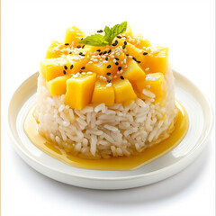 Poster - Closeup of Thai Mango Sticky Rice dessert with coconut milk and sesame seeds isolated on white background 