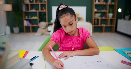 Fototapete - Girl, home and homework with book and pen in bedroom, child and student writing and studying or learning. Childhood, development and growth or school assessment, workbook or education for knowledge
