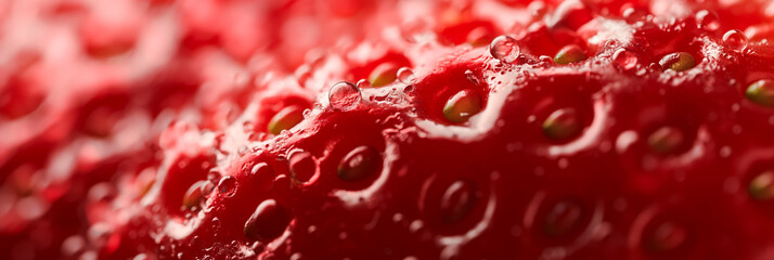 Poster - Closeup of a ripe strawberry texture, bright red with seeds, dewy surface 