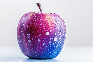 Wall Mural - An apple with water droplets on it, colorful, purple and blue gradient color scheme, white background, high definition photography