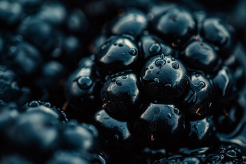 Wall Mural - Macro shot of a blackberry texture, black and glossy with tiny drupelets, rich and dark 