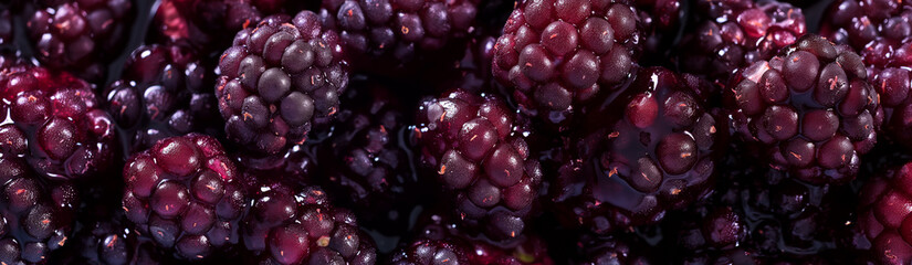 Wall Mural - Macro shot of a mulberry texture, clustered drupelets, deep purple color, glossy surface 