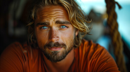 Wall Mural - man with blue eyes. close-up portrait capturing emotions