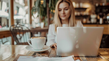 Wall Mural - a businesswoman working on a laptop in a trendy coffee shop with documents and coffee