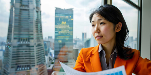 Wall Mural - a Japanese businesswoman reviewing financial charts and graphs in a high-rise office