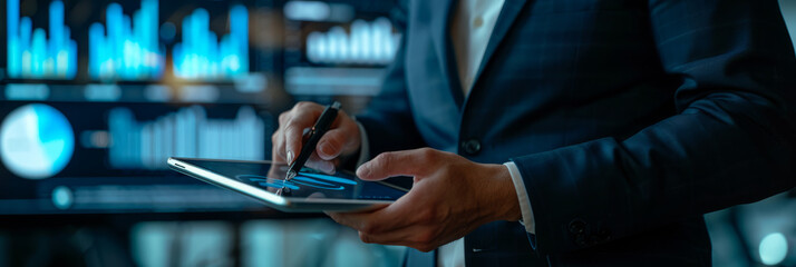 Wall Mural - a Japanese entrepreneur using a digital tablet during a presentation to investors