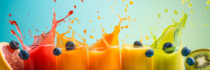 Canvas Print - Wide angle of mixed fruit juice splashes on a blue to green gradient background, refreshing look 