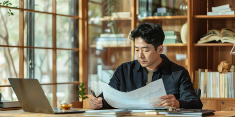 a Korean entrepreneur reviewing financial documents in a stylish home office