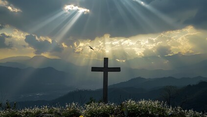 Canvas Print - A cross is silhouetted against the sky, with rays of sunlight piercing through dark clouds over mountains in background Generative AI