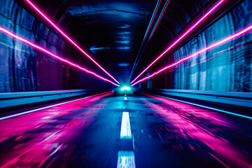 Aufkleber - Glowing motion blur neon lamps lines in a speed tunnel, abstract futuristic laser electronic highway backdrop, techno sci-fi game, virtual reality banner