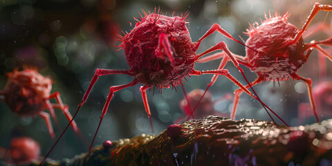 Wall Mural - Scarlet Viral-Bacterial Interactions: Microscopy-based study of scarlet-colored bacteriophage interactions with bacterial hosts, exploring viral predation and bacterial defense mechanisms