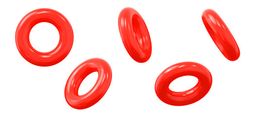 Aufkleber - 3d set of red torus symbol or icon with different angles. Geometry figure tor form. Stock vector illustration on isolated background.	
