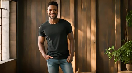 Wall Mural - plain black t-shirt with male model, front view studio photo mockup template, 4K resolution footage, generated ai