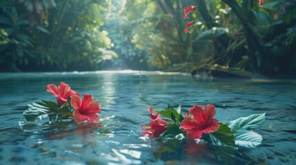 Wall Mural - A stunning bunch of hibiscus flowers submerged in clear, flowing water, presenting a serene and captivating underwater view.