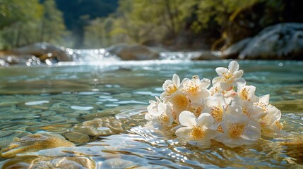 Wall Mural - Beautiful jasmine flowers gracefully submerged in clear, flowing water, showcasing their delicate beauty and tranquility.