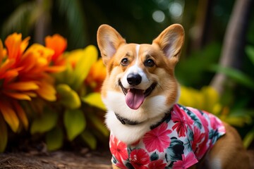 Wall Mural - The Corgi wearing a Hawaiian shirt, posing in a tropical garden with palm trees and exotic flowers