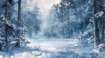 Wall Mural - Winter forest landscape with snowy trees and sunlight