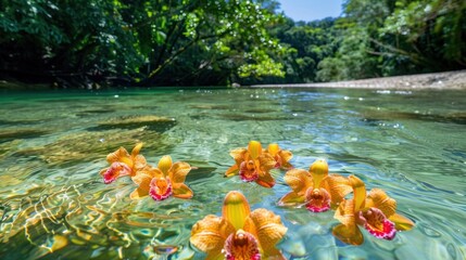 Wall Mural - A stunning bunch of orchid flowers submerged in clear, flowing water, presenting a serene and captivating underwater view.