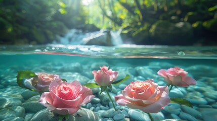 Wall Mural - Beautiful rose flowers gracefully submerged in clear, flowing water, showcasing their elegant beauty and tranquility.