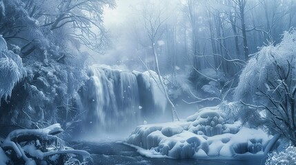 Wall Mural - Winter wonderland with snow falling in a magical forest