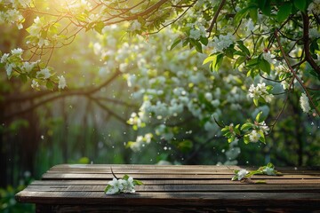 Spring beautiful background with green lush young foliage and flowering branches with an empty wooden table in nature outdoors in sunlight in a garden, blurred background, product display