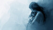 © LucyJ - A new mother suffering post partum to post natal depression, holding her baby close and looking sad and pensive, blue grey colour palette, landscape format 16:9 with copy space blank