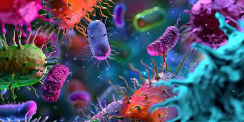 Bacterial Reproduction Cycle: Close-up view of bacterial cells undergoing replication and division, depicting rapid growth and proliferation