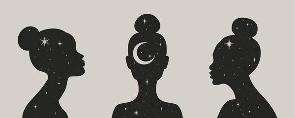 Wall Mural - Abstract celestial women profiles in boho style. Female silhouettes decorated with crescent and stars. Vector illustration