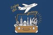 © Nida - Vibrant travel illustration with airplane, landmarks, suitcase, sun ray and Enjoy the Journey text