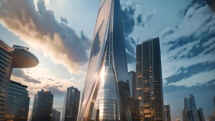 Wall Mural - A very tall, modern building with a unique shape towering over the cityscape, A modern skyscraper with a unique shape and glass facade