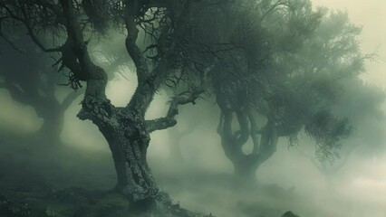 Wall Mural - Multiple trees surrounded by fog in a dense forest setting, A mystical fog enveloping a mystical forest, with ancient trees cloaked in mist