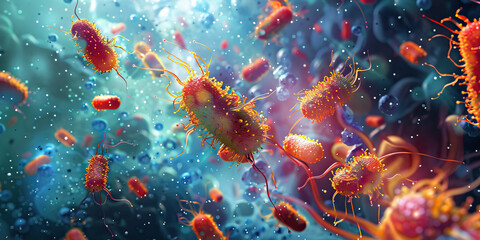 Wall Mural - Microbial Invasion: Close-up view of bacterial colonies infiltrating human tissue cells, depicting a microscopic battle