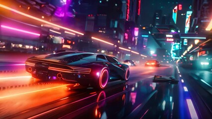Wall Mural - Modern vehicle traveling through neonlit city with skyscrapers at night, A neon-lit cyberpunk cityscape with flying cars zooming past