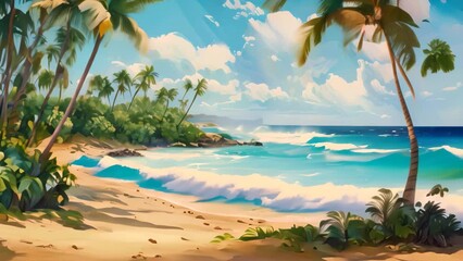Wall Mural - A painting depicting a tropical beach with lush palm trees swaying in the breeze, A peaceful beach scene with palm trees and a gentle ocean breeze