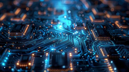 Poster - A highly detailed image of a modern electronic circuit board with intricate pathways and components, illuminated by a soft blue light, symbolizing the complexity and sophistication