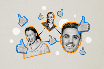 Poster - Composite photo collage of happy teamwork girl guy thumb up reaction blogging concept popular feedback sign isolated on painted background