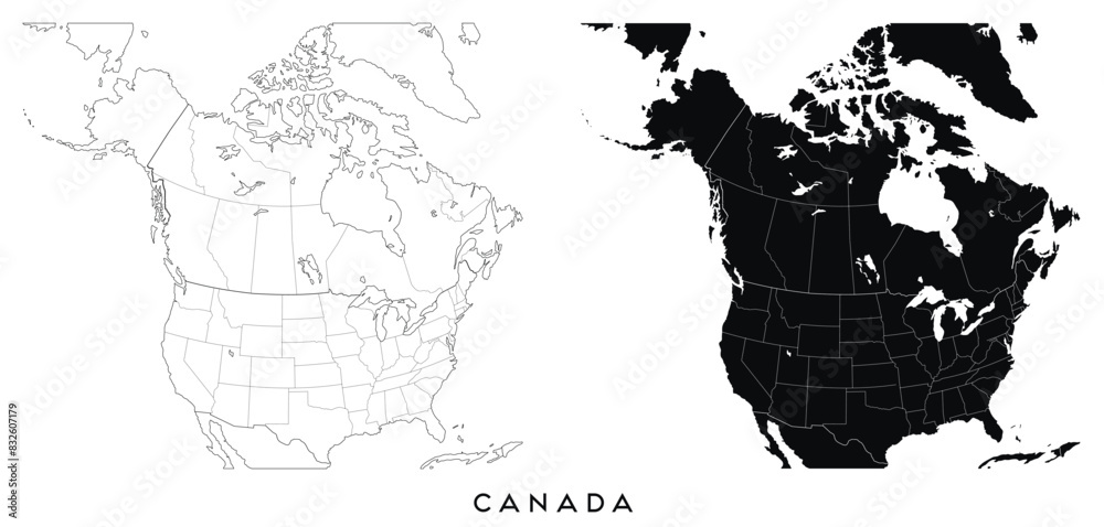 Canada map of city regions districts vector black on white and outline ...