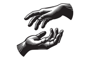 Hands reach out to each other. Two palms.
Vintage engraving black vector illustration, isolated object, sketch, emblem, logo, icon
