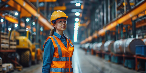 Wall Mural - Female engineer in a high-visibility vest and helmet in a warehouse