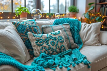 Wall Mural - Cozy living room with teal and white accents, soft textiles, and natural light creating a warm and inviting atmosphere