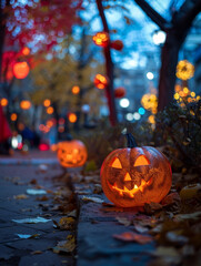 Sticker - Glowing Pumpkin in Autumn City Landscape for Halloween Festivities