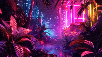 Wall Mural - A neon jungle scene with a city in the background