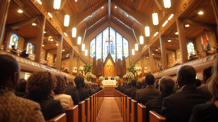 Congregation Attending Church Service in Beautiful Cathedral