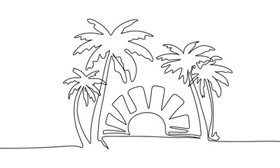 Wall Mural - Beach landscape one line continuous. View with palm trees and sunset line art. Hand drawn vector art.