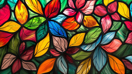 Wall Mural - Stained Glass Window Colorful Flower and Leaf Abstract Design