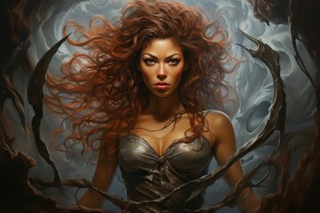 Canvas Print - A fierce and fearless warrior woman, wielding a double-bladed axe and commanding the forces of storm and wind. - Generative AI