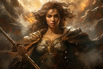 Canvas Print - A fierce and fearless warrior woman, wielding a double-bladed axe and commanding the forces of storm and wind. - Generative AI